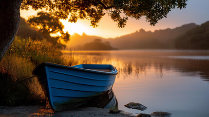 Tranquil scene featuring abandoned blue boat resting on water's edge during sunrise, surrounded by misty landscape, peaceful morning atmosphere, with copy space