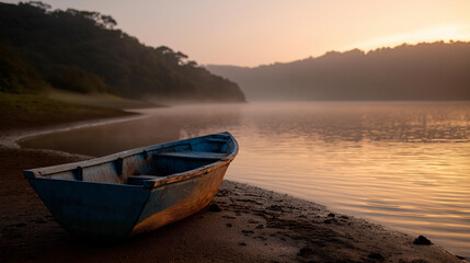 Tranquil scene featuring abandoned blue boat resting on water's edge during sunrise, surrounded by misty landscape, peaceful morning atmosphere, with copy space