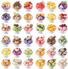 Colorful assortment of ice cream sundaes with fruits and toppings