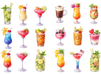 Assorted colorful cocktails and summer drinks collection