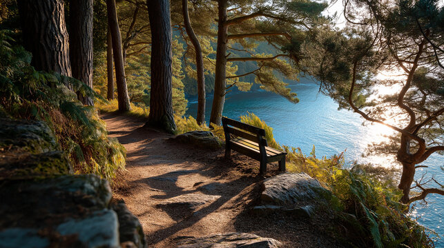 Serene path leading through tall trees to tranquil sea, solitary bench for contemplation and nature appreciation, woodland to ocean vista, with copy space - Powered by Adobe