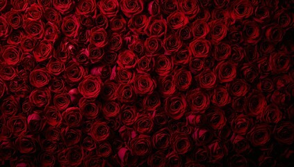 Deep rich crimson red roses densely packed together creating a beautiful textured floral background pattern