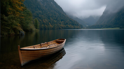 Obraz premium Serene lake surrounded by misty mountains featuring solitary wooden boat floating peacefully on calm waters, tranquil alpine scene, with copy space