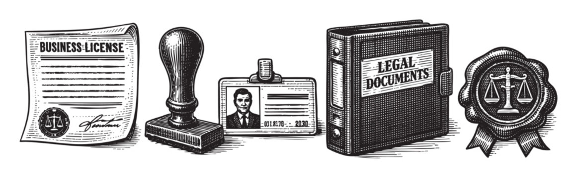 A collection of vintage-style illustrations featuring business license, stamp, ID card, legal documents binder, and a seal with scales of justice, perfect for legal and business themes.
