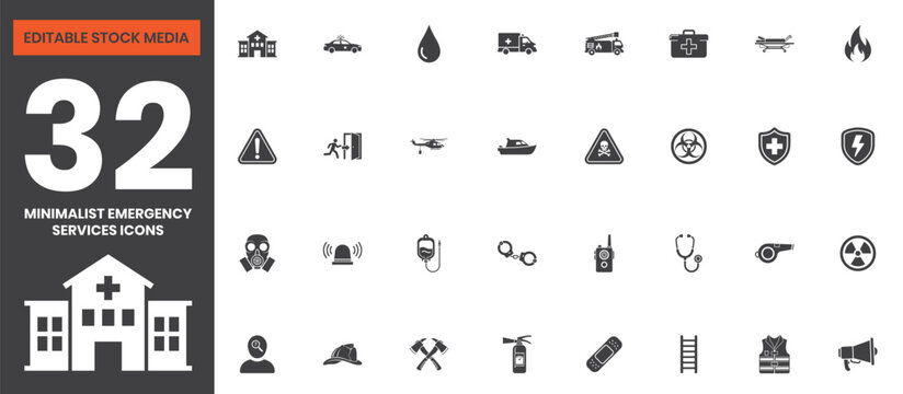 Minimalist Black Filled Emergency Services Icons Set Including Ambulance, Fire Brigade, Gas Mask, Life Boat, First Aid Kit, Rescue, Safety, and Disaster Response Illustrations. Editable Vector File