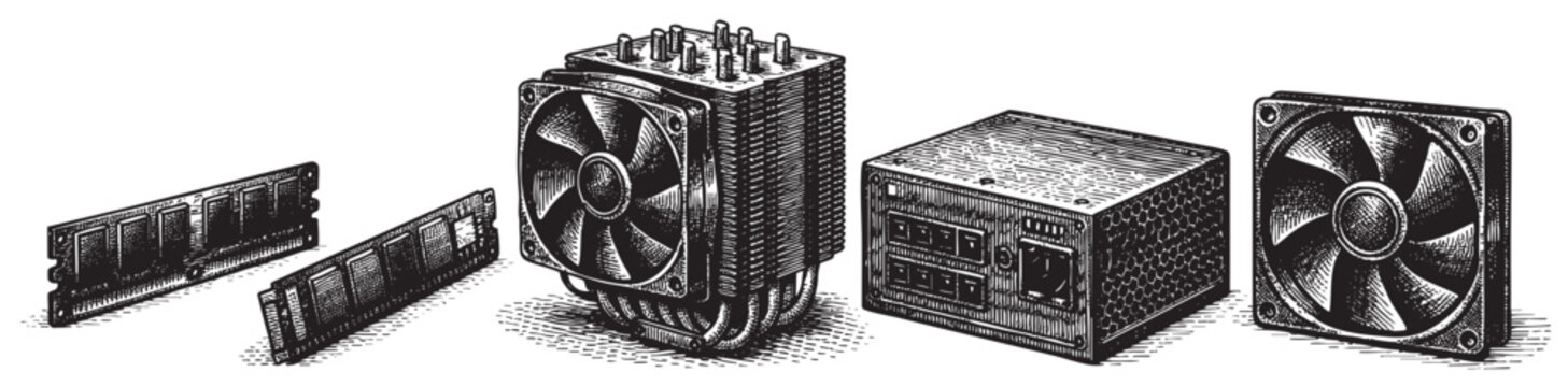 A detailed engraving illustration of computer hardware components including RAM sticks, a CPU cooler, a power supply unit, and a computer fan on a white background, suitable for tech-related projects.