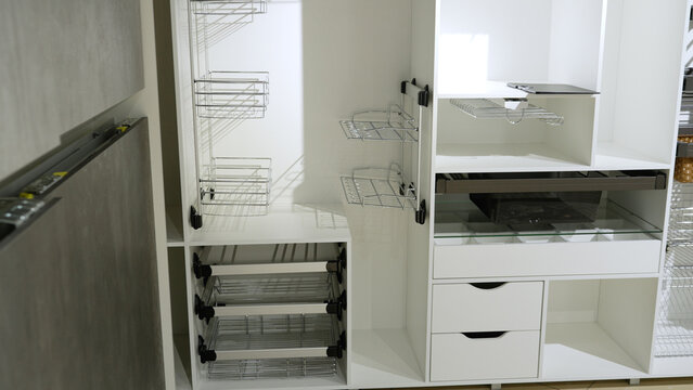 Modern pantry cabinet with pull-out wire shelves