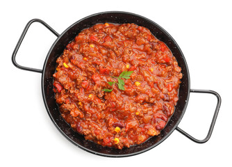 Delicious chili con carne isolated on white, top view