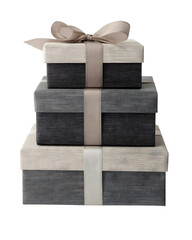 Stack of three gift boxes in coordinated neutral tones with varied sizes, balanced vertical composition, isolated on white background. 