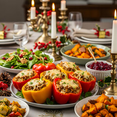 Delicious holiday dinner table with stuffed peppers and various side dishes