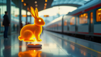 Glowing golden rabbit hologram floating above a digital projector at a modern train station during sunset for Easter holiday promotions, travel agency advertising or futuristic animal tech concepts