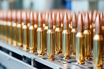 weapon industry, conveyor belt with ammunition or rockets