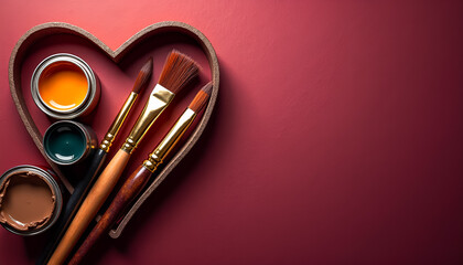heart frame containing paint brushes and open color jars on a dark burgundy surface with large copyspace, creative artistic workshop or premium house renovation services, interior design studio