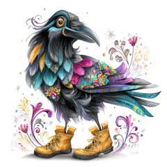 Obraz premium A vibrant artistic illustration of a raven in a fantasy style, adorned with decorative patterns and ornamental elements. 
