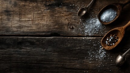 Rustic wooden table with salt and pepper in spoons, showcasing culinary essentials for cooking, grilling, and food preparation for gourmet cuisine lovers