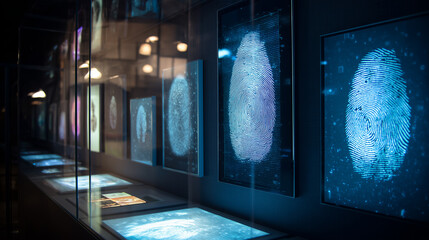 This display showcases various biometric security systems focusing on fingerprint recognition and digital identification processes used in various fields today