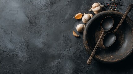 Rustic wooden bowl with garlic cloves and wooden spoons on dark textured background for culinary and cooking themed artwork and designs