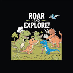 Fototapeta premium Group of Diverse Cartoon Dinosaurs Roaring and Exploring with Chef Hat and Sunglasses, Vector Illustration