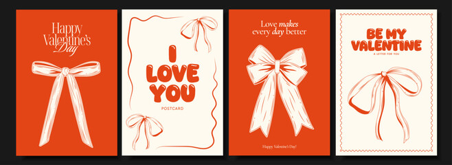 Set of 4 Valentine&rsquo;s Day postcards featuring vintage-style ribbon bows, romantic quotes, and playful typography. Perfect for greetings, gifts, posters, social media or scrapbooking.