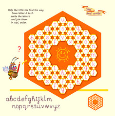 Help the little bee find the way from letter A to Z. Write the letters and join them in ABC order. Logic puzzle game with maze. Brain teaser book. Educational page. Activity sheet. Hand drawn vector