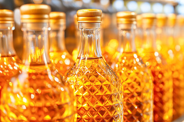 Wine bottles in a row, shallow depth of field. Liquor store, wine production concept