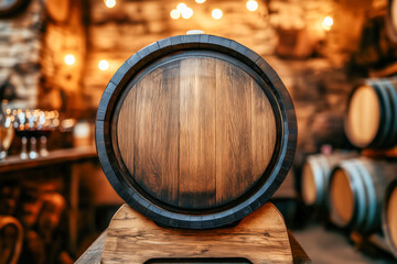 Wine or cognac barrels in the cellar of the winery, Wooden wine barrels in perspective. wine vaults. vintage oak barrels of craft beer or brandy