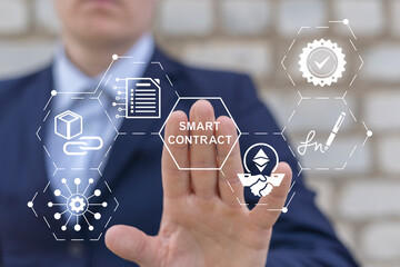 Person using virtual touch screen presses the words SMART CONTRACT. Concept of Smart Contract Finance Business Information Technology. Cryptocurrencies transaction smart blockchain signature.