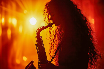 woman with beautiful long curly hair playing a saxophone, silhouette of a passionate saxophonist with a orange concert hall light in the background