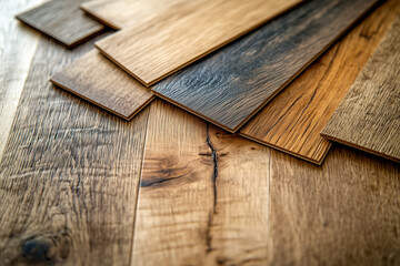 Wood laminate floor square samples, vinyl tile. Assortment of parquet or laminate floor samples in natural colors. Oak wooden background.