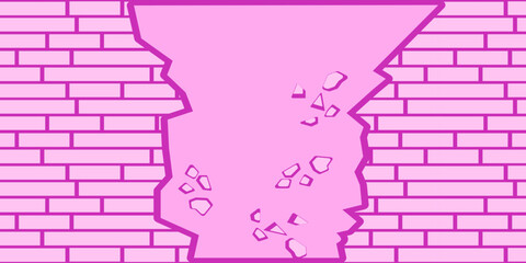 Vector illustration of pink brick wall broken in center with visible cracks and gaps. Concept of damage, breakthrough, destruction, repair, or urban texture. Breaking the shackles and limitations.
