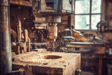 Wood boring drill in hand drilling hole in wooden bar