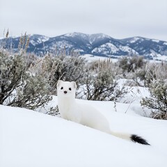 Cute Ermine in Winter Snow Landscape | Adorable White Weasel Stoat with Black Tail Tip Peeking from Snowy Bush