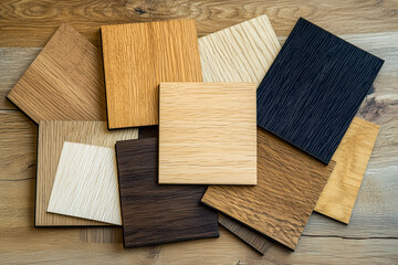 Wood laminate floor square samples, vinyl tile. Assortment of parquet or laminate floor samples in natural colors. Oak wooden background.