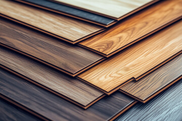 Wood laminate floor square samples, vinyl tile. Assortment of parquet or laminate floor samples in natural colors. Oak wooden background.