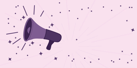 Vector illustration of loudspeaker with copy space in purple tones on isolated pink background. Symbol of women&rsquo;s empowerment, activism, freedom of speech, protests and expressions of will.