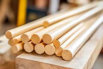 Wooden sticks lie on a workbench in the carpentry workshop