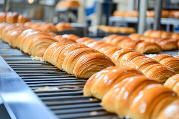 Worker in a large bakery - industrial production of bakery products on an assembly line