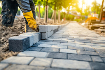 Worker lining paving slabs path