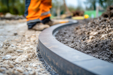 Worker lining paving slabs path