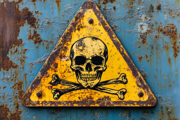 Yellow triangular sign. Grungy style danger sign with skull and cross bones. Rusty. Warning. Caution. Hazard. Danger. Worn out.
