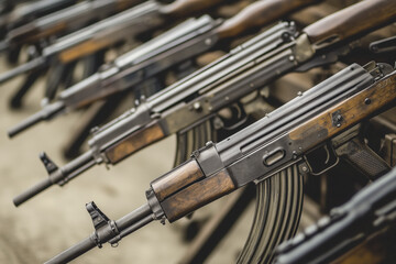 World military machine gun Machine Gun production line. Factory process. War concept.