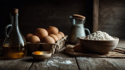 Rustic Kitchen Scene with Fresh Eggs, Flour, Olive Oil and Milk on Wooden Table Ready for Baking or Cooking Activities in a Cozy Atmosphere