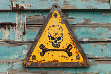 Yellow triangular sign. Grungy style danger sign with skull and cross bones. Rusty. Warning. Caution. Hazard. Danger. Worn out.