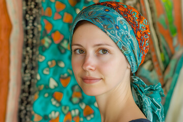 Young woman with cancer in headscarf indoors