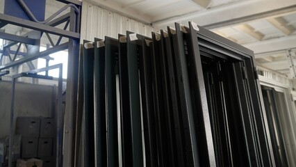 Metal door frames in factory production workshop