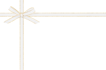White and Gold Bow Crossed in Corner Ribbon Isolated on White and Png Transparent Background