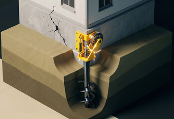 Mechanical installation of a screw pile for foundation reinforcement. Cross-section view of a cracked concrete wall being stabilized with specialized gear driven hydraulic machinery.