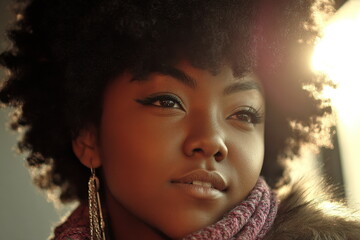 Portrait of a woman with curly hair in warm light by a window in the late afternoon