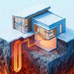 Sustainable vertical geothermal energy system for a modern house. 3D cross-section of deep bore ground loops extracting thermal heat from the rocky earth layers in winter season.