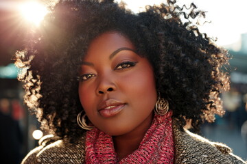 Woman with curly hair stands in urban area during sunset, warm light highlighting her features and expression
